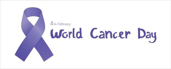 Text WORLD CANCER DAY and awareness ribbon on white background