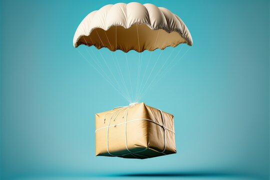 Parcel with parachute. Package with order. blue background. Digital illustration, Generative AI

