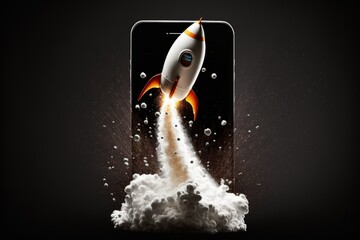Rocket taking off from mobile screen on black background, startup concept, Generative AI
