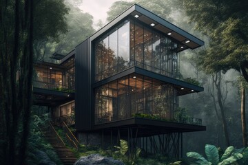 Modern house with panoramic windows in the Jungle, AI Generative