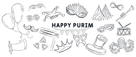 Drawn banner for Purim holiday on white background