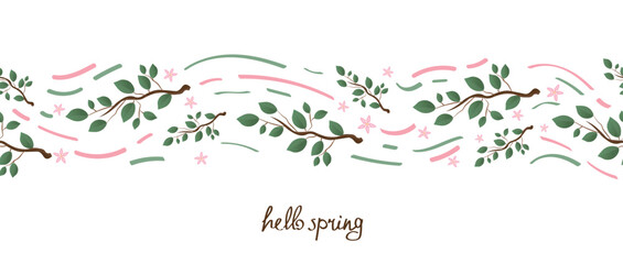 Beautiful tree branches with text HELLO SPRING on white background