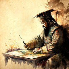 watercolor illustration of Sun Tzu with copy space on the side Generative Ai