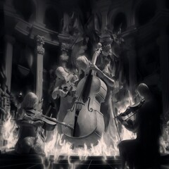 Hell, Cello, music being played in Hell, violins, eerie, ominous, Greek columns, architecture, dark, candles, fire