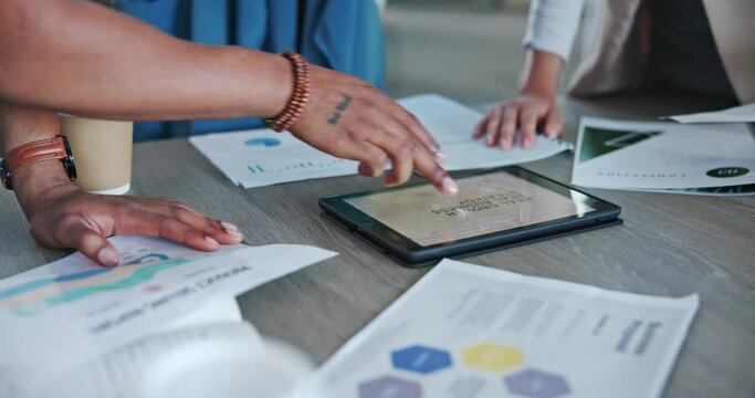 Tablet, strategy and documents with hands of business people in meeting for branding, data analytics and marketing. Sales, idea and charts with employee in office for planning, collaboration or goals
