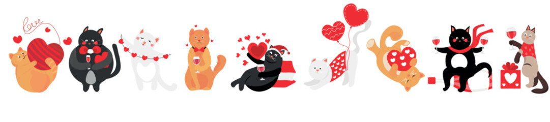 Set of cute cats with wine and hearts on white background. Valentine's Day celebration