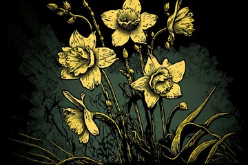 Daffodils in nature, comic book style - Generated AI