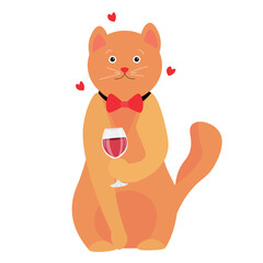 Cute cat with red wine on white background. Valentine's Day celebration