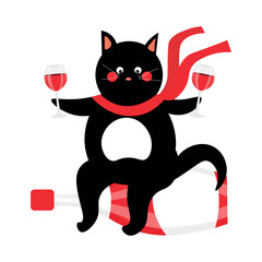 Cute cat with wine on white background. Valentine's Day celebration