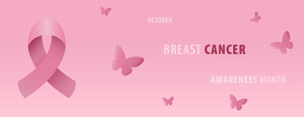 Banner with pink awareness ribbon, butterflies and text OCTOBER BREAST CANCER AWARENESS MONTH on pink background
