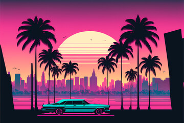 sunset on the beach vice city style 80s  created with Generative AI technology