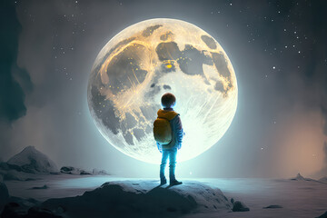 digital illustration painting of night scene showing a boy with a big moon on floor, digital art style. (ai generated)