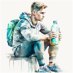 watercolor painting of a thoughtful young man sitting  on the sidewalk holding a bottle of water  isolated on a white background Generative Ai