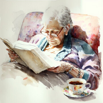 watercolor painting of an old lady reading in bed with a cup of coffee on the side table isolated on a white background Generative Ai