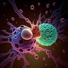 Immune cells fighting with cancer cells, bright colors,  visual representation of the battle between healthy and cancerous cells, body's defense system in action, intricate structure, bold colors