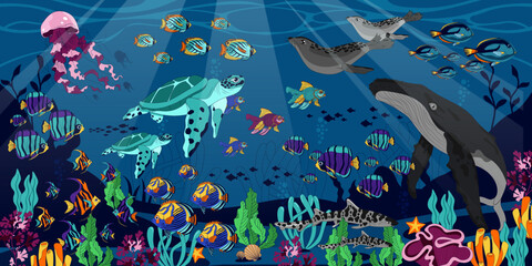 Obraz na płótnie Canvas Sea Life - Animals and under reef seamless pattern. Exotic ocean wallpaper. 