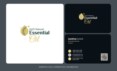 Essential oil logo design with business card design premium vector oil drop logo beauty product logo organic oil Herbs brand identity skin care logo design Essential oils brand identity illustration