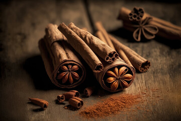 Cinnamon sticks against a wooden background in the Spices series. macro photography, or up close. Generative AI