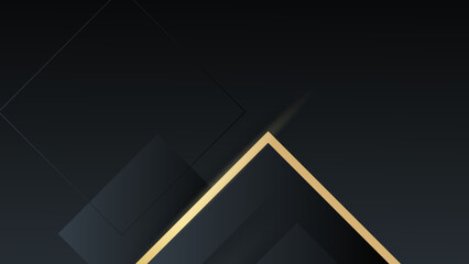 Simple professional banner with sparkling golden square frame on pattern dark black background.