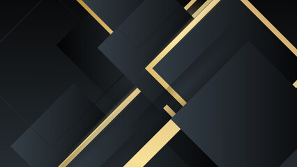 Simple professional banner with sparkling golden square frame on pattern dark black background.