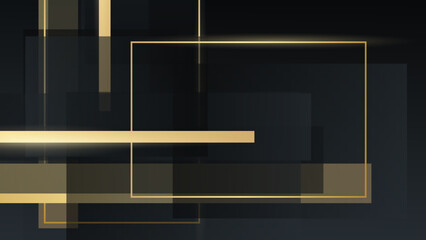 Professional design template with golden square on dark black background with gold ribbon decoration.