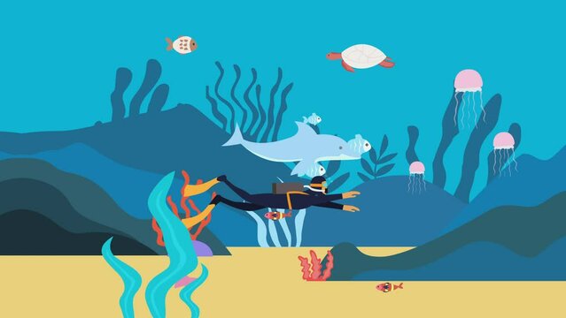 Man diving underwater with ocean creatures 2d animation