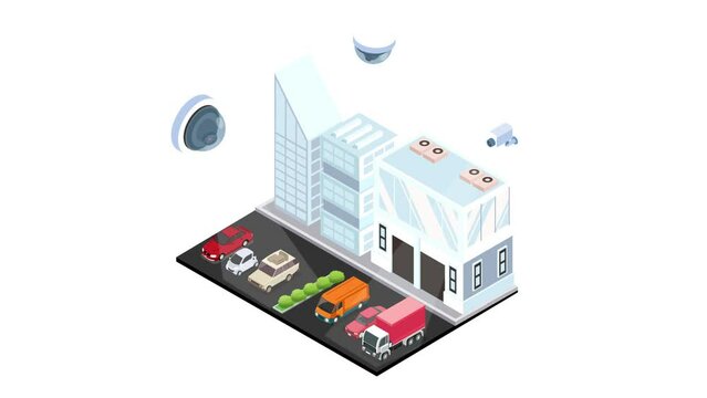 CCTV and IP cameras for monitoring and surveillance on car park isometric