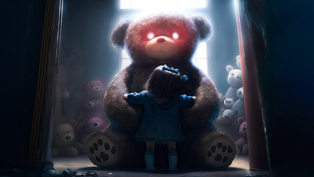 Creepy teddy bear with red eye looking at little girl illustration.