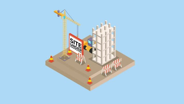 Building work process with construction machines 3d animation