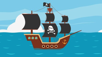 Wooden pirate ship sailing at sea 2d animation
