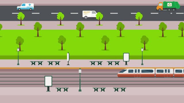 Fast train with car traffic on the road 2d animation