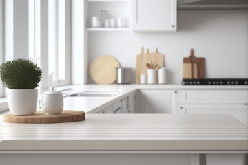 The perspective table over blurred kitchen background, kitchen counter