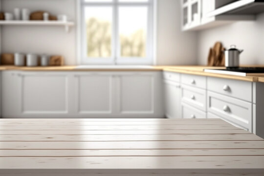 The perspective table over blurred kitchen background, kitchen counter