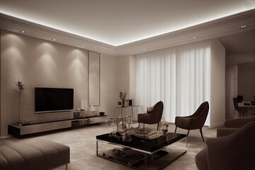Large luxury modern elegant interiors Living room mockup. Modern style of furniture decoration. Generative AI illustration.
