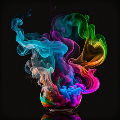 Vivid, ethereal, rainbow-colored smoke wisping against a stark black backdrop, billowing, dreamy plume, brilliant fusion of hues swirling