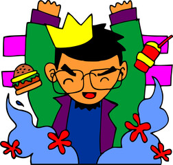 illustration of a person with the king crown and floating meal and drink