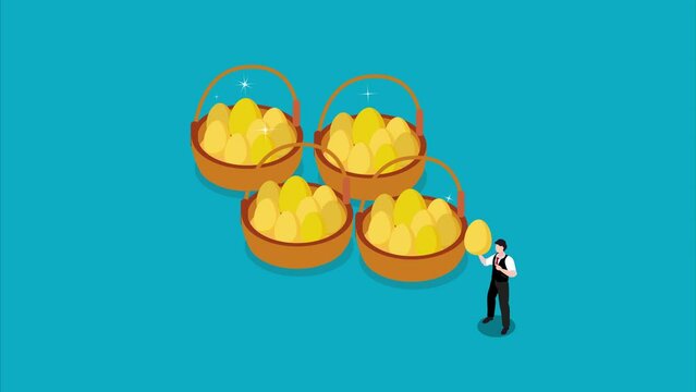 Businessman Allocating investment eggs into more than one basket 3d animation