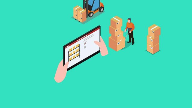 Warehouse worker pushing hand cart with manager using tablet checking inventory