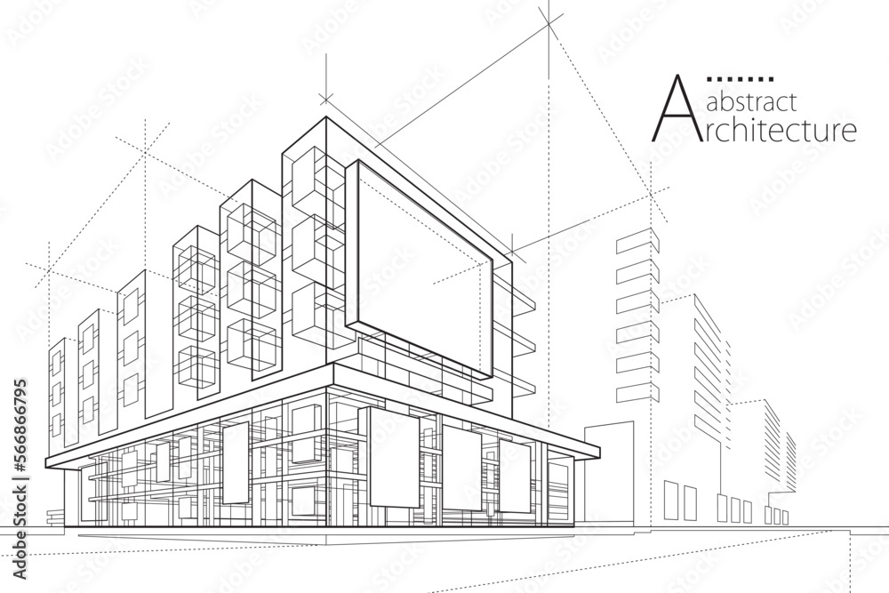 Poster 3d illustration abstract modern urban building out-line black and white drawing of imagination archi