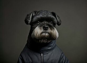 schnauzer dog wearing puffer jacket in studio shot, generative ai