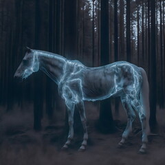 Fototapeta na wymiar ghostly ethereal horse in woods, generative ai