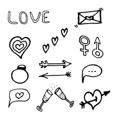 Set of Valentines day doodle elements. romantic hand drawn vector illustration.