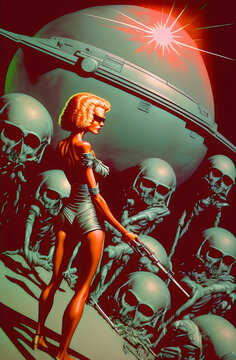blonde woman surrounded by robot skeletons in space, 1950s 1960s retro sci-fi futurism, generative ai