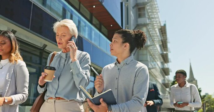 Internship, phone call and business people walking in city writing notes, agenda and strategy in urban town. Travel, communication and senior manager with team for schedule, meeting and planning