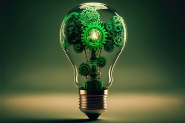 Light bulb with gears, ideas concept, green background. Generative AI