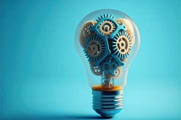 Light bulb with gears, ideas concept, blue background. Generative AI