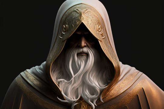 Illustration of wizard with hood and golden cape, fantasy concept. Generative AI
