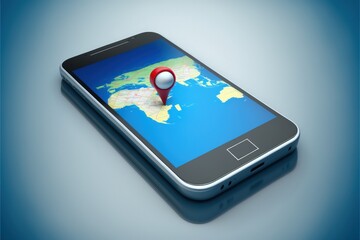Cell phone with map and location icon on screen, blue background. Generative AI