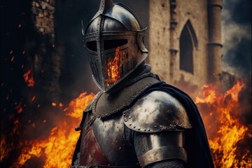 Medieval knight in armor, guarding the castle, burning castle in the background. Generative AI - obrazy, fototapety, plakaty