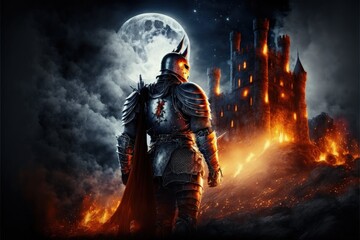 Medieval knight in armor, guarding the castle, burning castle in the background. Generative AI